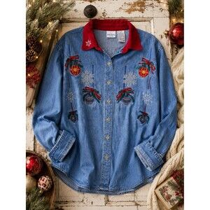 Vintage Bobbie Brooks Embroidered Christmas Denim Shirt Corduroy Collar 18W/20W